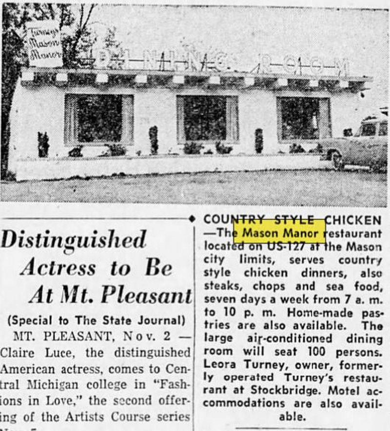 Mason Manor Motel (Turneys Dining Room) - Nov 1957 Article